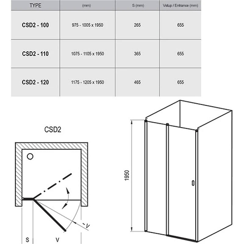 Душевая дверь Ravak Chrome CSD2-110 0QVDC100Z1 профиль Белый стекло Transparent
