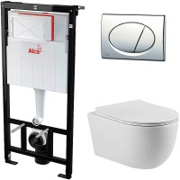 Комплект унитаза Vincea Evo Rimless VT1-34S с инсталляцией Alcaplast Sadromodul AM101/1120-3:1 RU M71-0001 с сиденьем Микролифт и клавишей смыва Хром фарфор подвесной