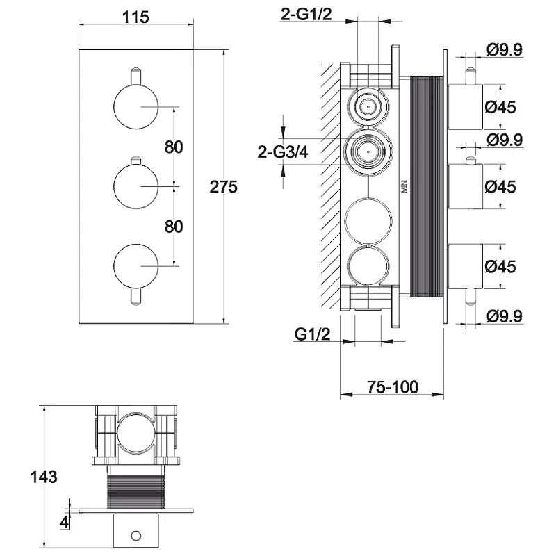 Смеситель для душа Whitecross Y black Y1238BL с термостатом Черный матовый латунь встраиваемый