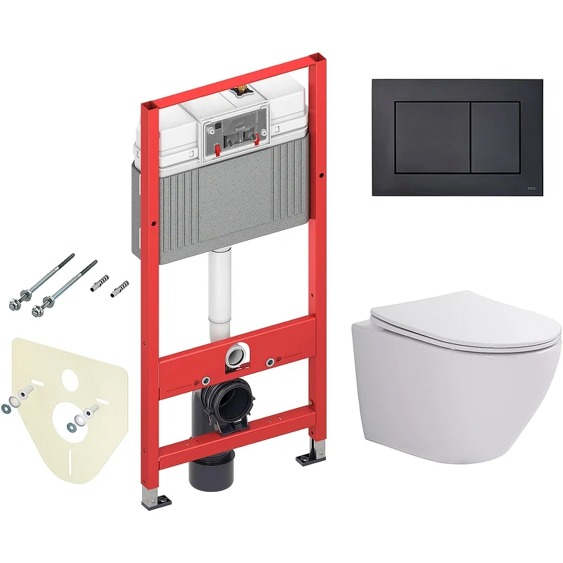 Комплект унитаза WellWant Aura WWU01122W с инсталляцией Tece Now 9400414 с сиденьем Микролифт и Черной матовой клавишей смыва