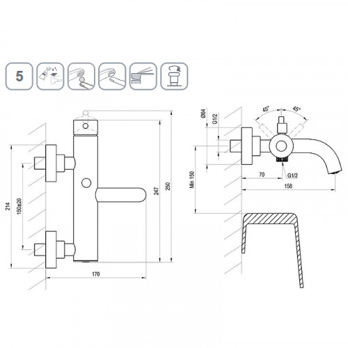 Смеситель для ванны Ravak Espirit ES 022.00CR X070199 Хром латунь на стену