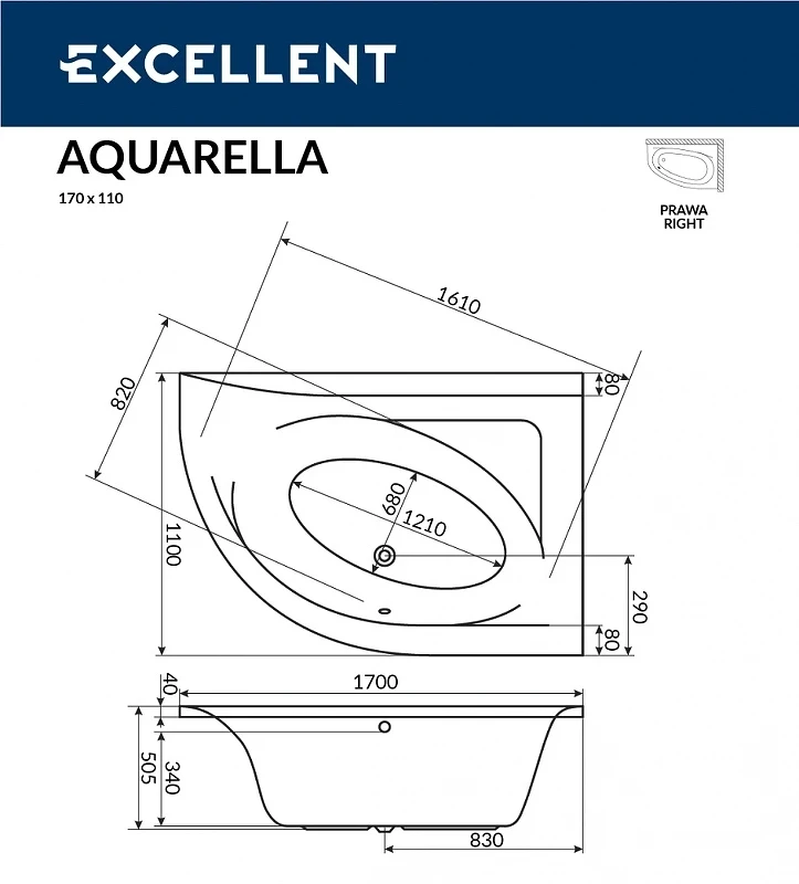 Акриловая ванна Excellent Aquarella 170x110 R WAEX.ARP17.SMART.BR с гидромассажем