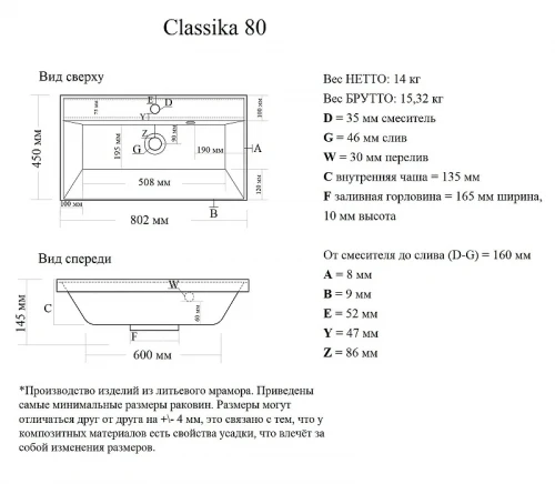 Раковина AQUAme Classica 80 4627173210188 цвет Белый
