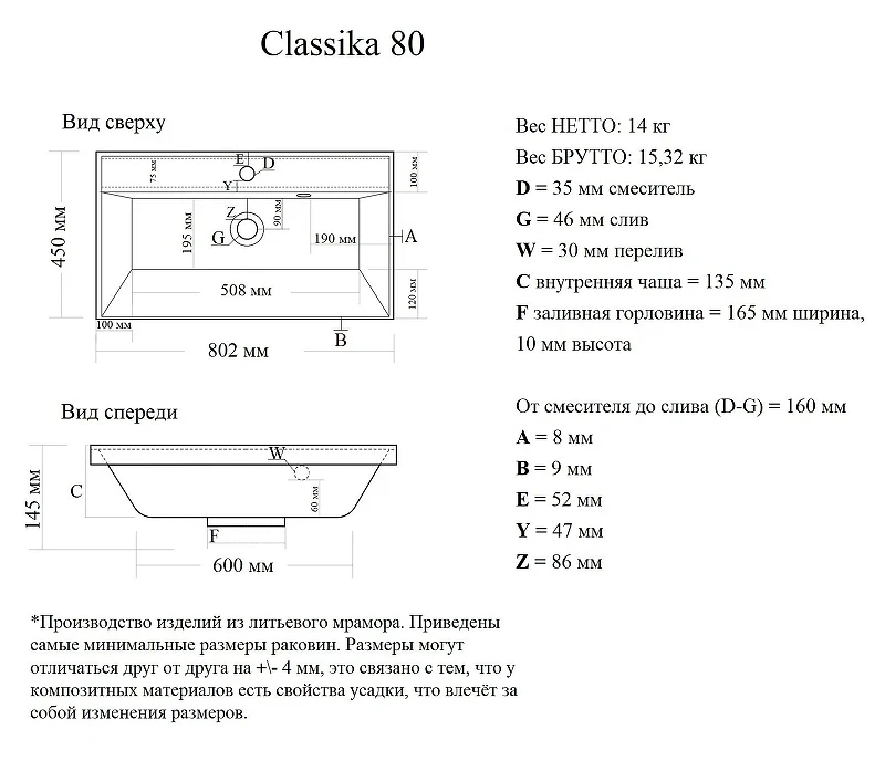 Раковина AQUAme Classica 80 4627173210188 цвет Белый