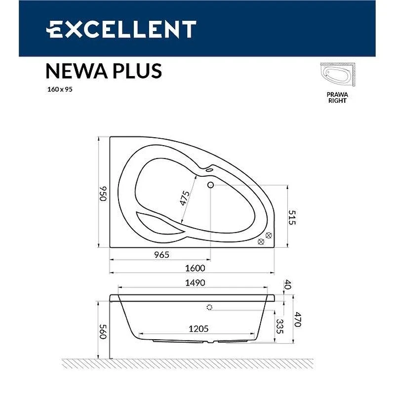 Акриловая ванна Excellent Newa 160x95 R WAEX.NEP16.RELAX.WH цвет Белый с гидромассажем форсунки Белые
