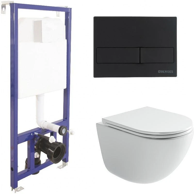 Унитаз с инсталляцией Ceramicanova Vogue CN4008T + Berges Novum L5 040215 с сиденьем Микролифт и Черной матовой клавишей смыва