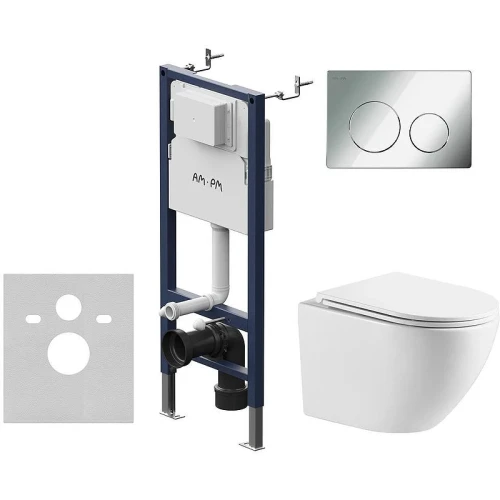 Унитаз с инсталляцией WellWant Aura WWU01121WK + AM.PM PrimeFit I012709.0151 с сиденьем Микролифт и клавишей смыва Хром глянцевый