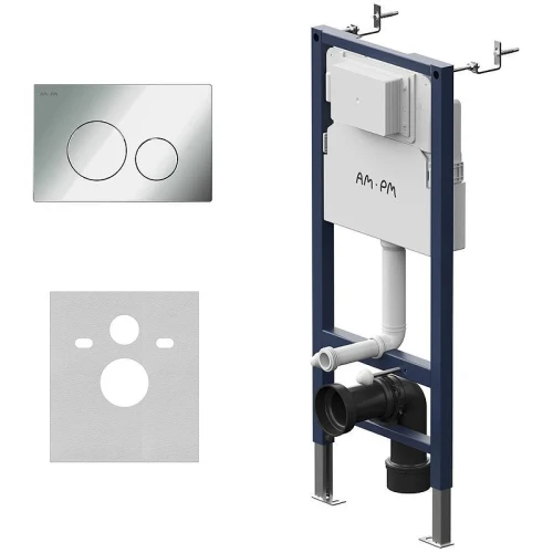 Унитаз с инсталляцией WellWant Aura WWU01121WK + AM.PM PrimeFit I012709.0151 с сиденьем Микролифт и клавишей смыва Хром глянцевый
