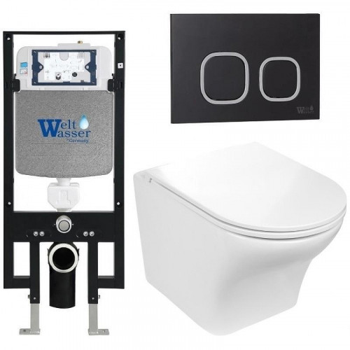 Комплект унитаза с инсталляцией WeltWasser AMBERG 497 + ODENBACH 004 GL-WT + AMBERG RD-BL 10000006651 цвет Белый глянцевый с сиденьем Микролифт и клавишей смыва цвет Черный