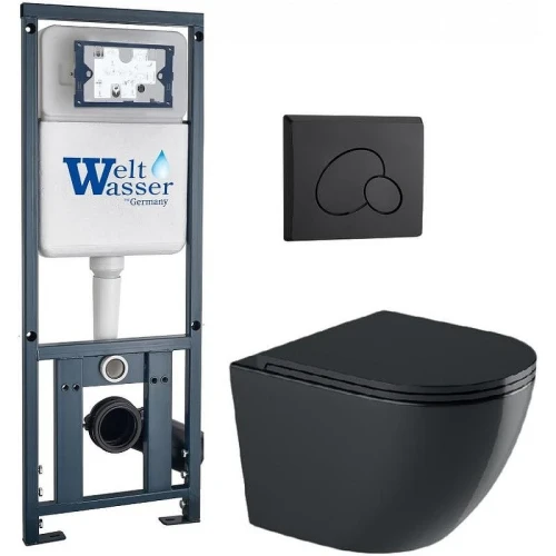 Комплект унитаза с инсталляцией WeltWasser MARBERG 410 + MERZBACH 041 XL MT-BL + MAR 410 RD MT-BL 10000010955 цвет Черный матовый с сиденьем Микролифт и клавишей смыва цвет Черный матовый