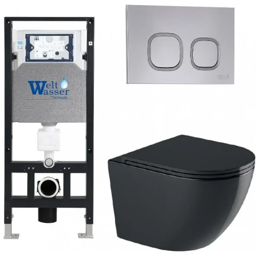Комплект унитаза с инсталляцией WeltWasser AMBERG 506 + MERZBACH 043 GL-BL + AMBERG RD-CR 10000012187 цвет Черный глянцевый с сиденьем Микролифт и клавишей смыва цвет Хром