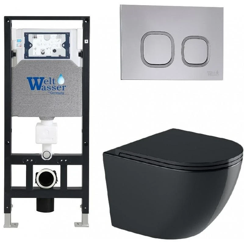 Комплект унитаза с инсталляцией WeltWasser AMBERG 506 + MERZBACH 043 GL-BL + AMBERG RD-CR 10000012187 цвет Черный глянцевый с сиденьем Микролифт и клавишей смыва цвет Хром