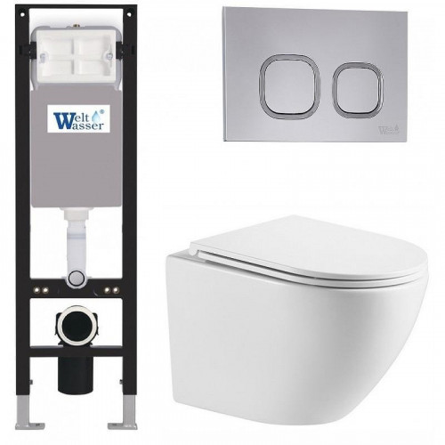Комплект унитаза с инсталляцией WeltWasser AMBERG 350 + MERZBACH 043 MT-WT + AMBERG RD-CR 10000012390 цвет Белый матовый с сиденьем Микролифт и клавишей смыва цвет Хром
