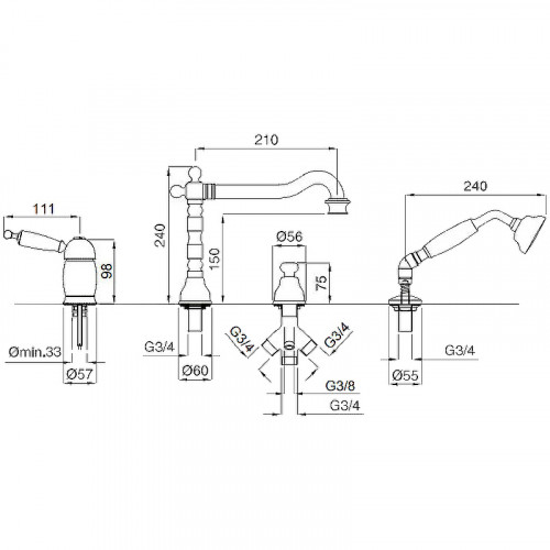 Смеситель на борт ванны Migliore Oxford 19154 Хром Золото латунь