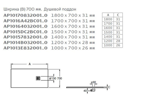 Душевой поддон из композитного материала Roca Terran 140x70 AP1015782BC01400 Черный