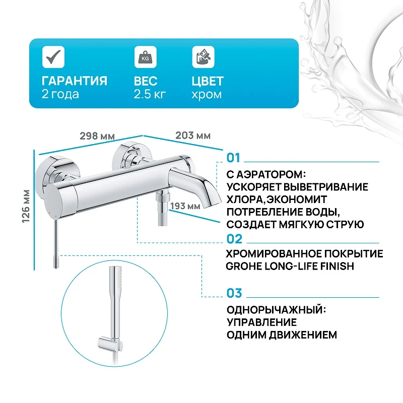Смеситель для ванны Grohe Essence+ 33628001 Хром латунь на стену