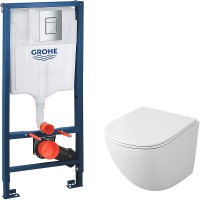 Комплект унитаза Owl 1975 Vind Cirkel-H TOWLT190302 с инсталляцией Grohe Rapid SL 38772001 с сиденьем Микролифт и клавишей смыва Хром фарфор подвесной