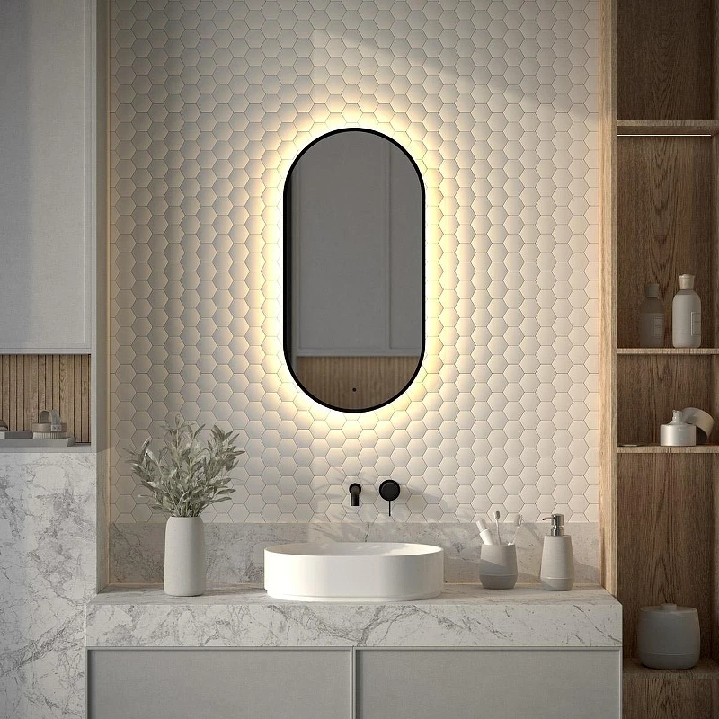 Зеркало Defesto Aura 40х80 DF 2932R с подсветкой 20W-3000K/ИК - выключатель/Теплый белый свет/Черная рама