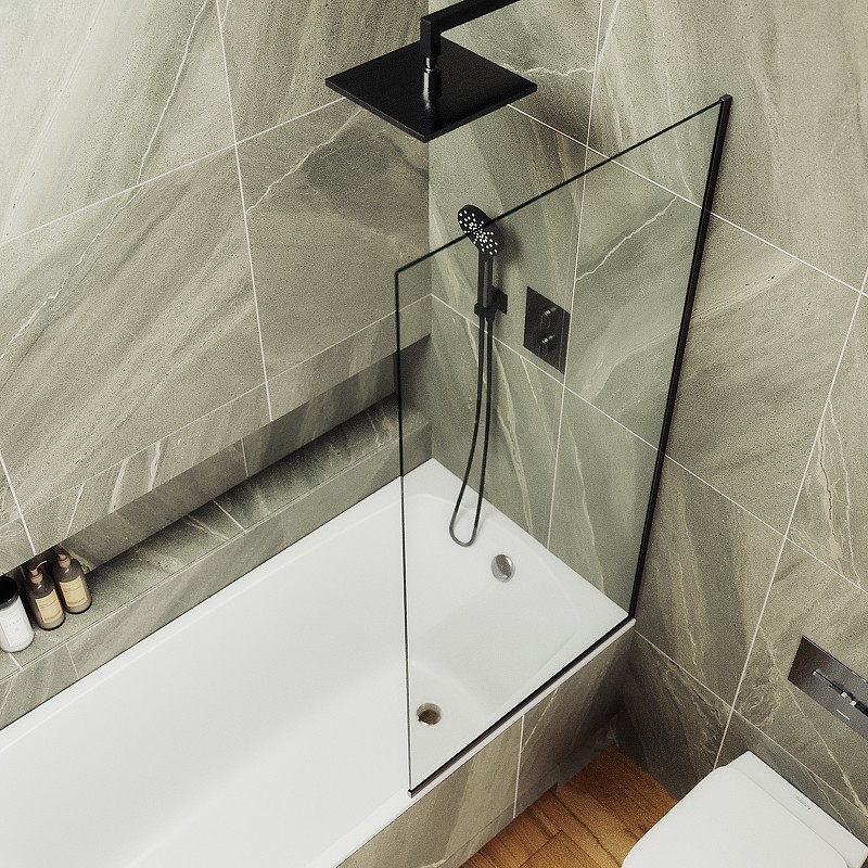 Шторка на ванну Maybah Glass MGV-65-6у 900x1400 в узком профиле Черный стекло прозрачное