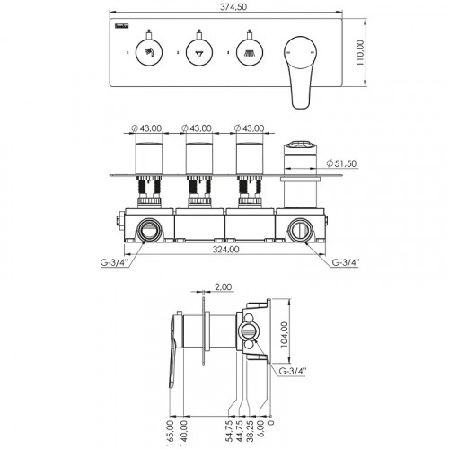 Душевая система Teska Euro X EX3680 Черный матовый латунь встраиваемый