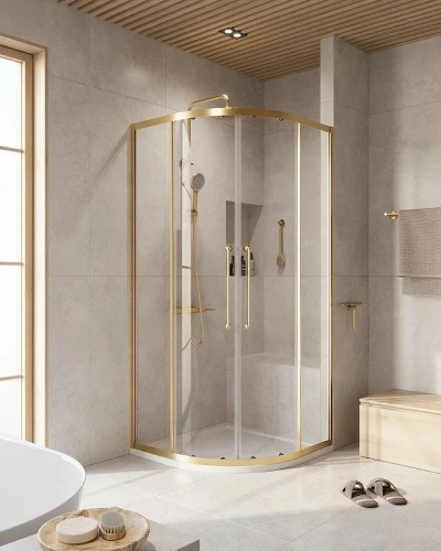 Душевой уголок Cezares Relax-304 90x90 RELAX-304-R-2-90-C-BORO профиль Брашированное золото стекло прозрачное