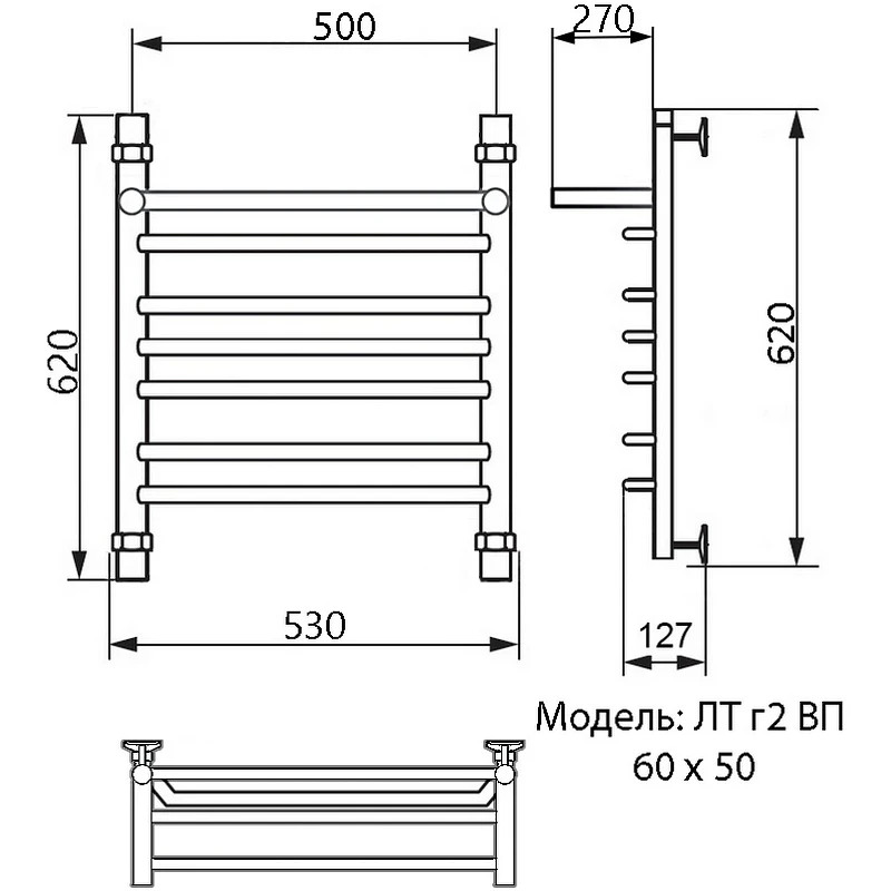 Водяной полотенцесушитель Ника Trapezium ЛТ (Г2) ВП 60/50 с полкой Хром нержавеющая сталь