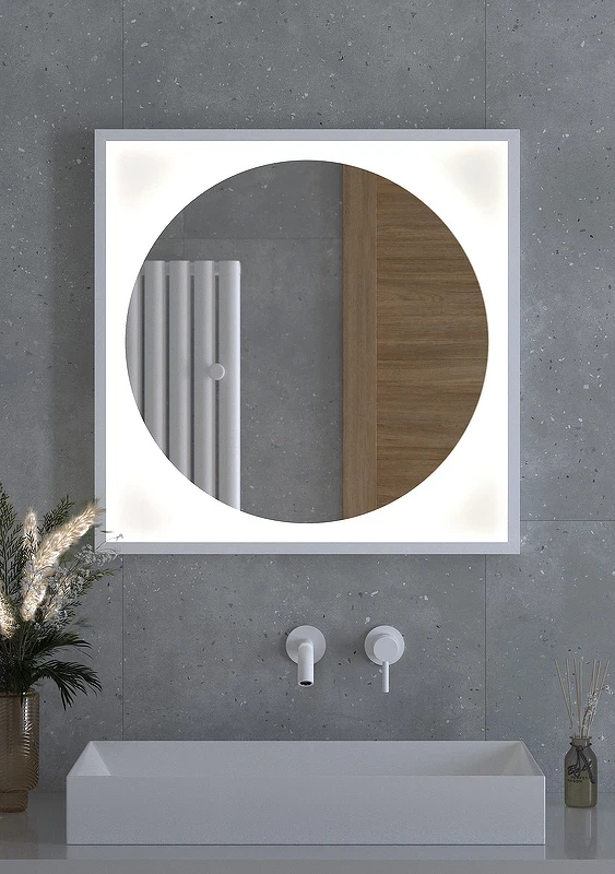 Зеркало Defesto Eclipce 70х70 DF 2227 с подсветкой 15W-4500К/в багетной раме/Без выключателя/Нейтральный белый свет/Белая рама