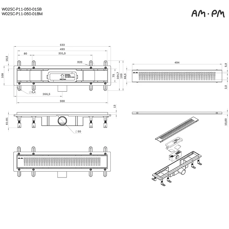 Душевой лоток AM.PM PrimeFlow 50 W02SC-P11-050-01BM с Черной матовой решеткой Cut Gradient