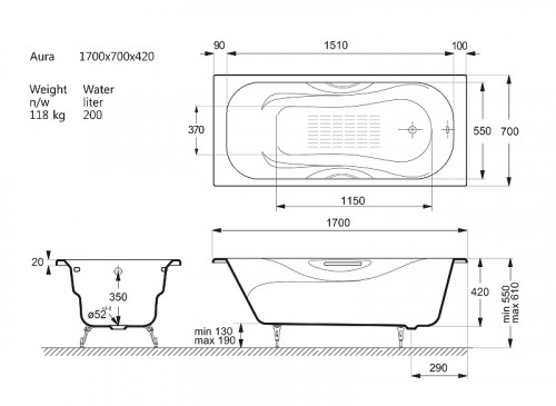 Чугунная ванна Vinsent Veron Aura 170x70 VAU1707042H/VH0015BL-AS цвет Белый с дугообразными черными матовыми ручками и антискользящим покрытием