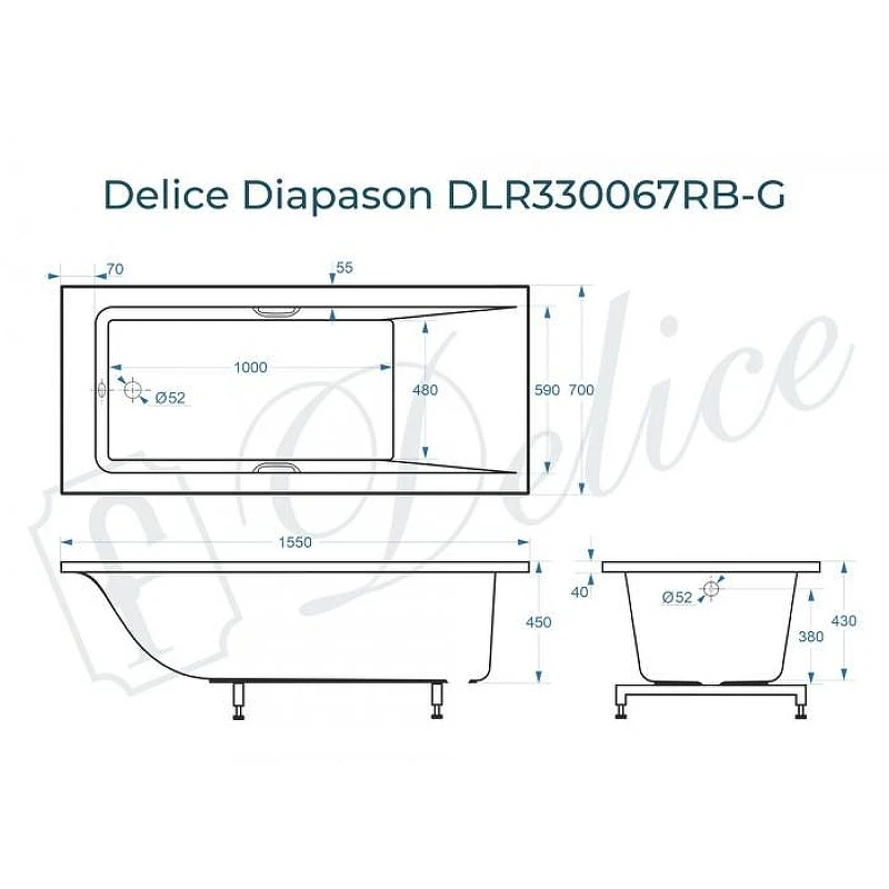 Ванна из искусственного камня Delice Diapason 155х70 DLR330067RB-G цвет Белый глянцевый с черными ручками