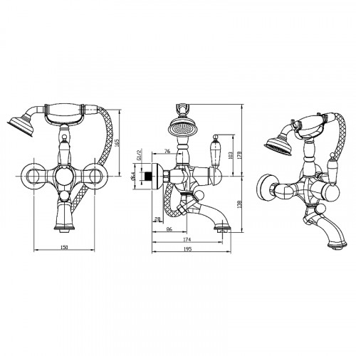 Смеситель для ванны Boheme Tradizionale Nero 253 Золото латунь на стену