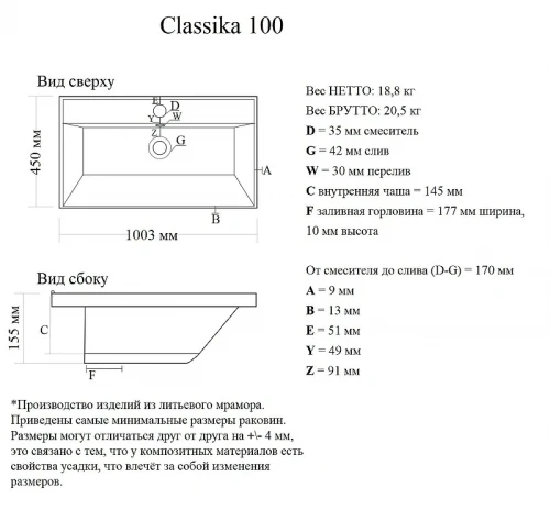 Раковина AQUAme Classica 100 4627173210201 цвет Белый