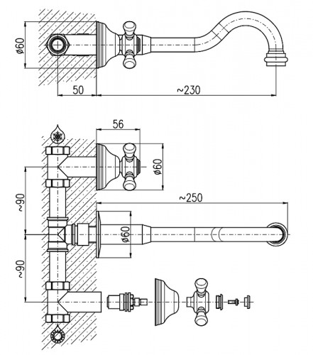 Смеситель для раковины Rav Slezak Morava retro MK531 Хром латунь встраиваемый
