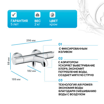 Смеситель для ванны Hansgrohe Ecostat 1001 CL 13201000 с термостатом Хром латунь на стену