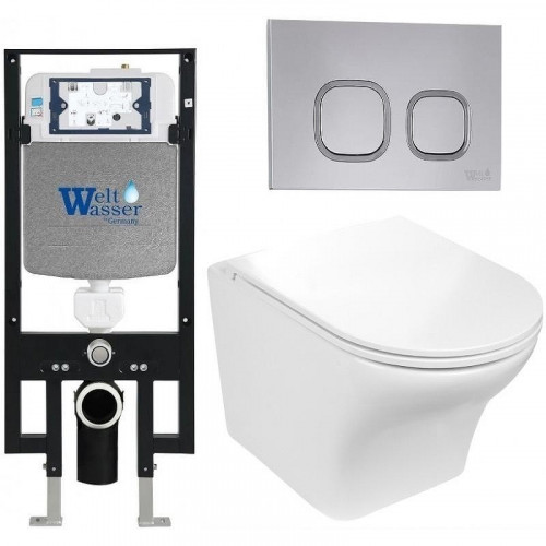 Комплект унитаза с инсталляцией WeltWasser AMBERG 497 + ODENBACH 004 GL-WT + AMBERG RD-CR 10000006652 цвет Белый глянцевый с сиденьем Микролифт и клавишей смыва цвет Хром