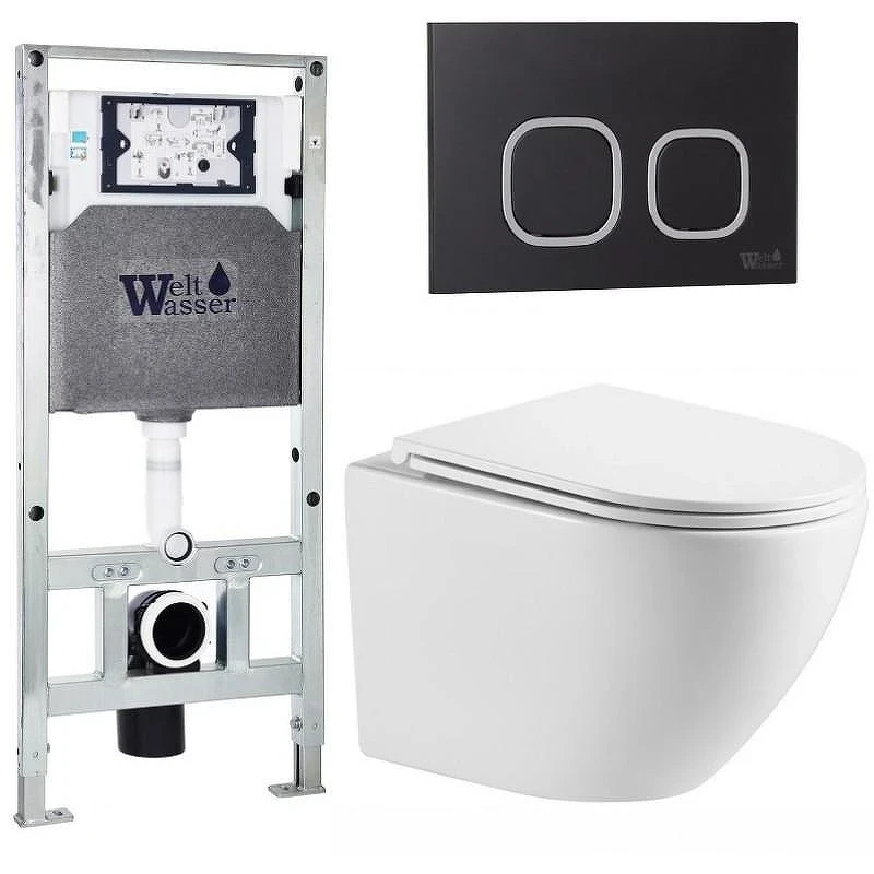 Комплект унитаза с инсталляцией WeltWasser AMBERG 506 ST + MERZBACH 043 MT-WT + AMBERG RD-BL 10000011425 цвет Белый матовый с сиденьем Микролифт и клавишей смыва цвет Черный