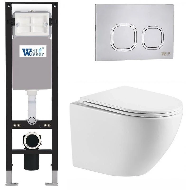 Комплект унитаза с инсталляцией WeltWasser AMBERG 350 + MERZBACH 043 MT-WT + AMBERG RD-MT CR 10000012391 цвет Белый матовый с сиденьем Микролифт и клавишей смыва цвет Хром матовый