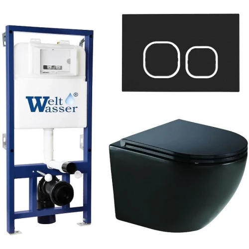 Комплект унитаза с инсталляцией WeltWasser BAMBERG 525 + MERZBACH 041 XL MT-BL + BAMBERG BL 10000012872 цвет Черный матовый с сиденьем Микролифт и клавишей смыва цвет Черный