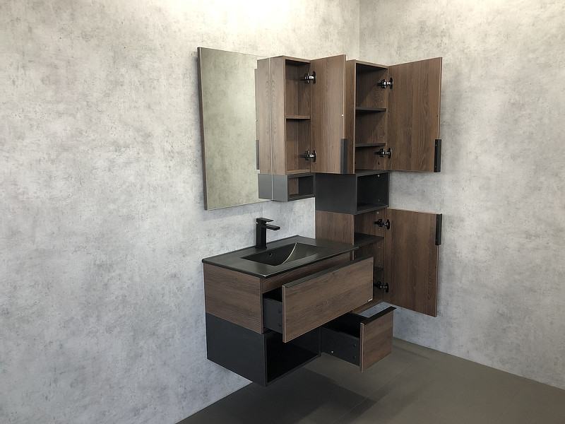 Зеркало со шкафом Comforty Франкфурт 75 00004151044 Дуб шоколадно-коричневый Черное матовое МДФ / ЛДСП, стекло