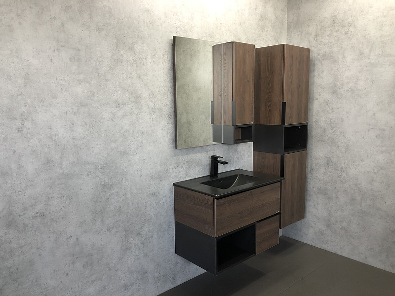 Зеркало со шкафом Comforty Франкфурт 75 00004151044 Дуб шоколадно-коричневый Черное матовое МДФ / ЛДСП, стекло