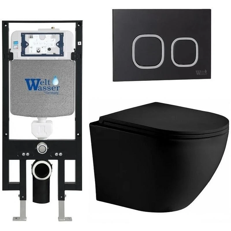 Комплект унитаза с инсталляцией WeltWasser AMBERG 497 + MERZBACH 043 XL MT-BL + AMBERG RD-BL 10000014107 цвет Черный матовый с сиденьем Микролифт и клавишей смыва цвет Черный