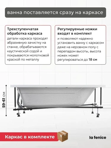 Акриловая ванна La Fenice Riviera 180х80 SV-Riv-18080KP-FR цвет Белый разборный каркас, регулируемые ножки, панель фронтальная для ванны