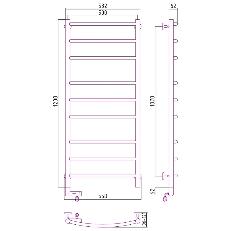 Электрический полотенцесушитель Сунержа Галант 2.0 1200x500 L 31-5200-1250 Черный матовый нержавеющая сталь