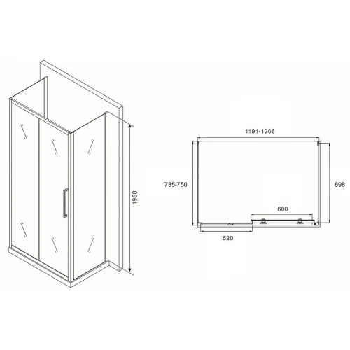 Душевой уголок Abber Schwarzer Diamant 120x75 AG30120MH-S75M-S75M профиль Хром стекло матовое