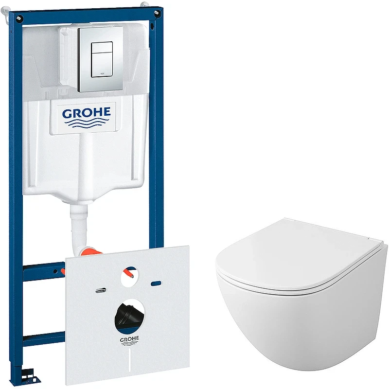 Комплект унитаза Owl 1975 Vind Cirkel-H TOWLT190302 с инсталляцией Grohe Rapid SL 38775001 с сиденьем Микролифт и клавишей смыва Хром фарфор подвесной