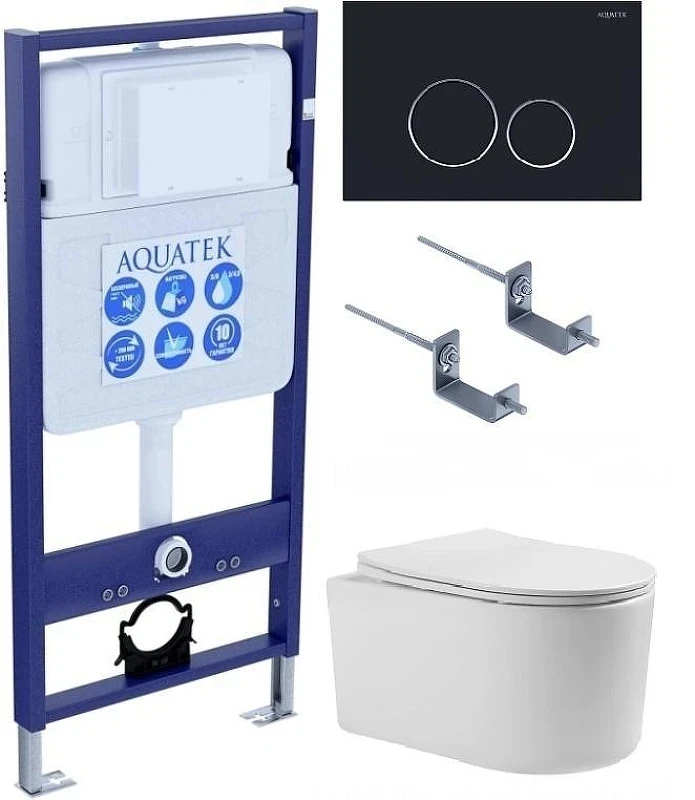 Комплект унитаза с инсталляцией Aquatek Set Aquatek МИЯ-020 4в1 цвет Белый с сиденьем Микролифт и клавишей смыва цвет Черный матовый