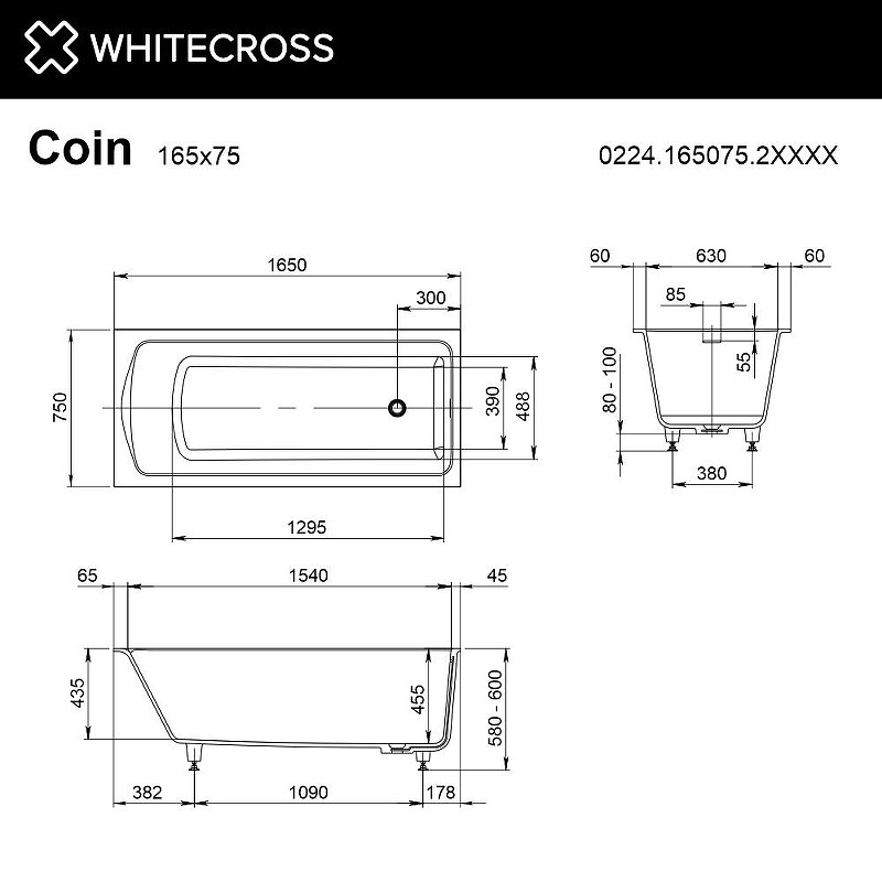 Ванна из искусственного камня Whitecross Coin 165х75 0224.165075.2XXXX цвет RAL матовый