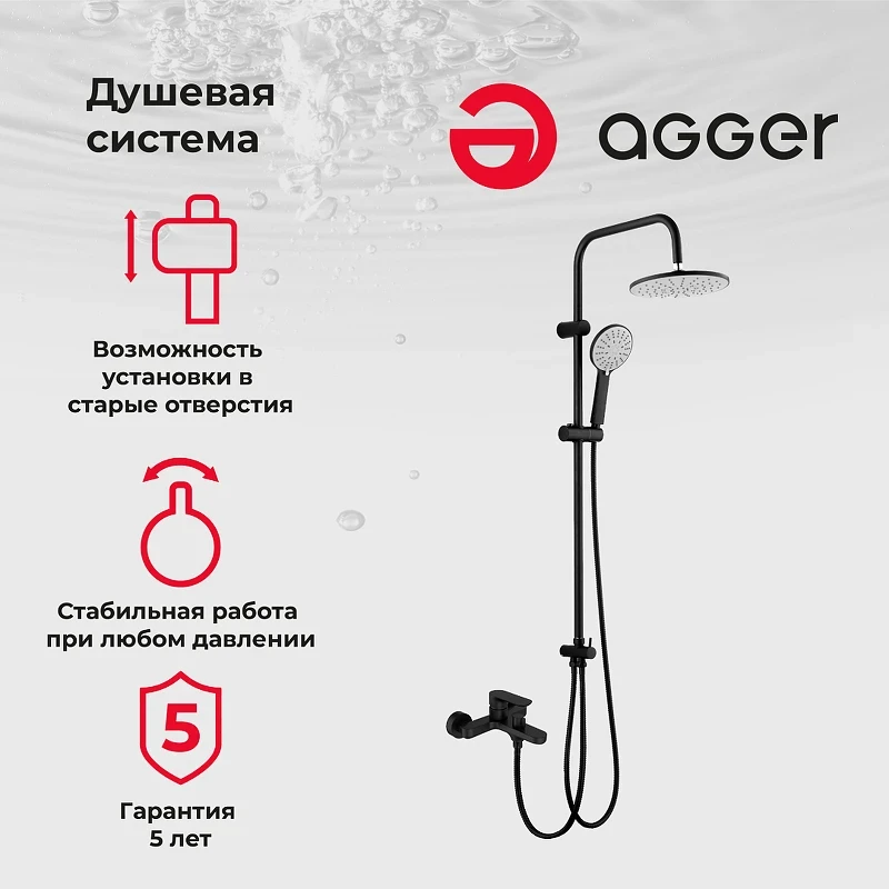 Душевая система Agger A0293544 Черная латунь на стену