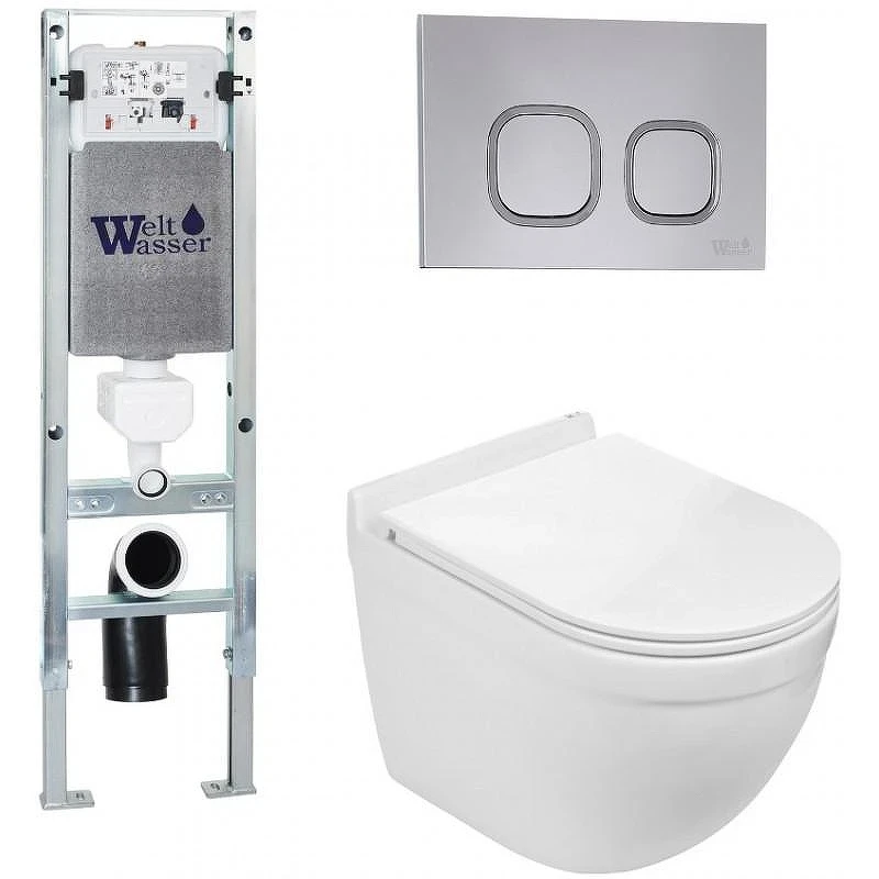 Комплект унитаза с инсталляцией WeltWasser AMBERG 350 ST + HEIMBACH 043 GL-WT + AMBERG RD-CR 10000012132 цвет Белый глянцевый с сиденьем Микролифт и клавишей смыва цвет Хром