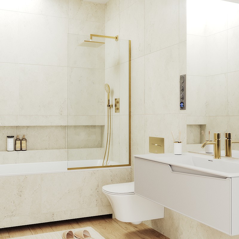 Шторка на ванну Maybah Glass MGV-65-3у 900x1400 в узком профиле Золото стекло прозрачное